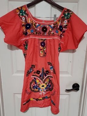 Embroidered Coral Mexican Tunic Dress